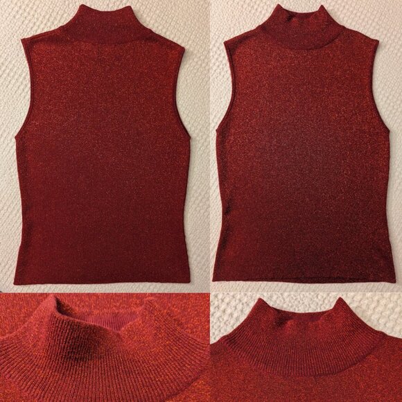 Red Sleeveless Turtleneck Jersey Top Metallic Shimmer - Picture 6 of 8